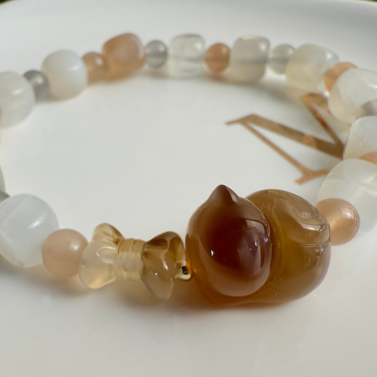 Kitty & bow + moonlight stone bracelet