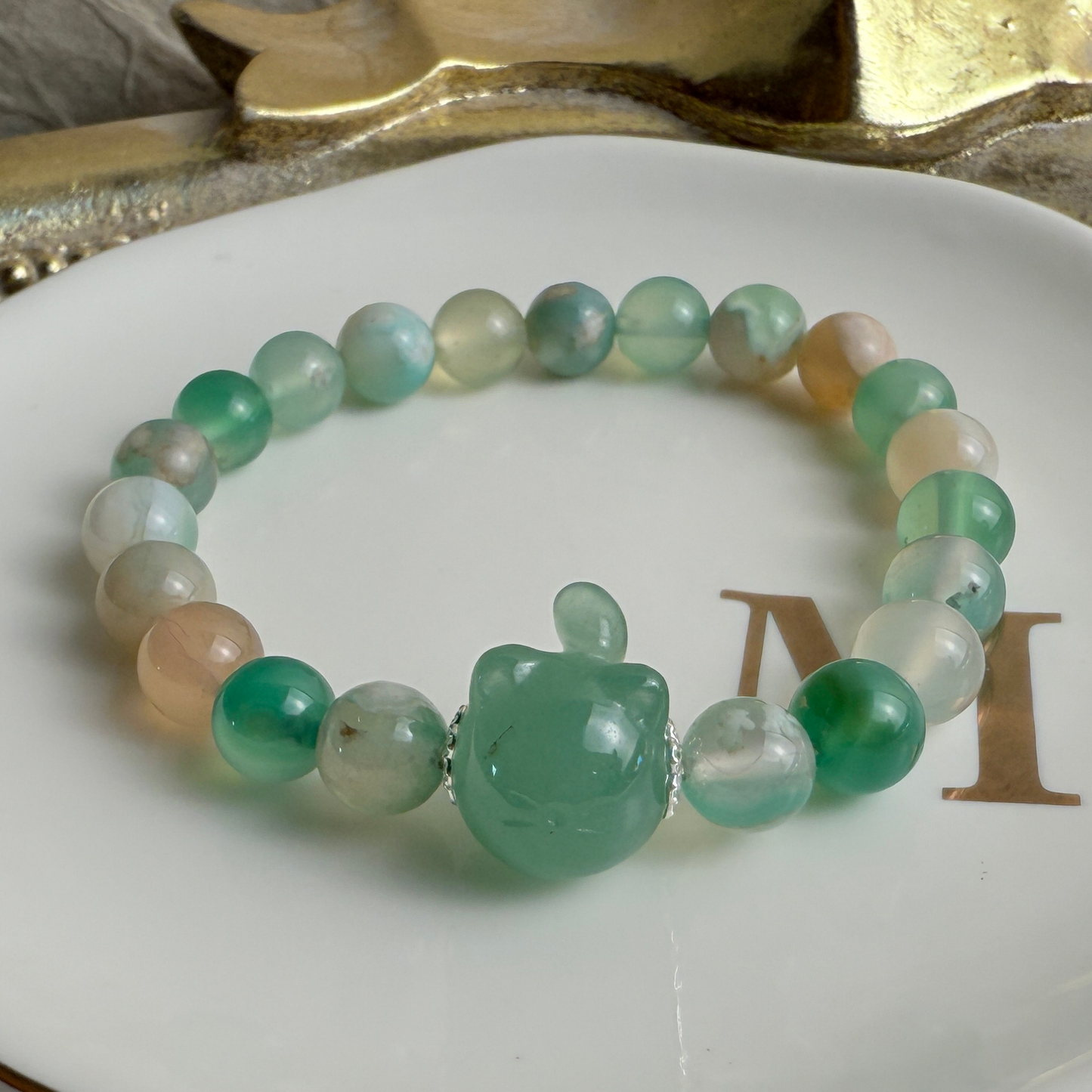Kitty & green agate bracelet