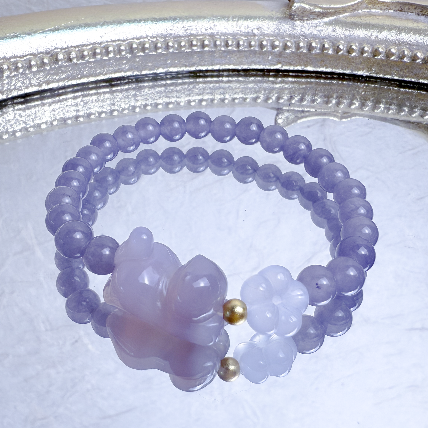 Playing Kitty: Plum flower charm, smoky lilac agate bracelet