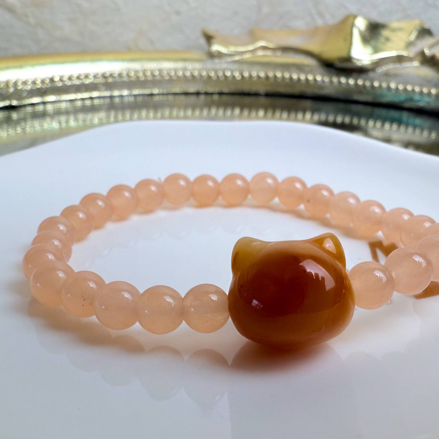 Kitty head + Grapefuit Agate Bracelet