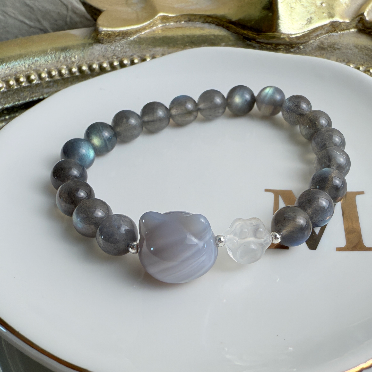 Kitty & paw print + grey moonlight stone bracelet
