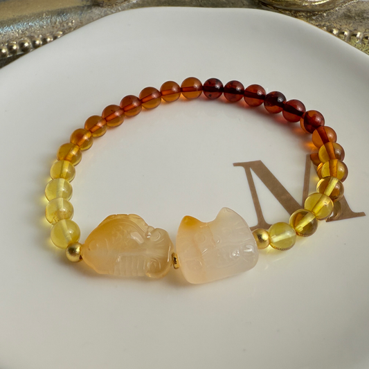 Kitty, fish biscuit + Amber bracelet