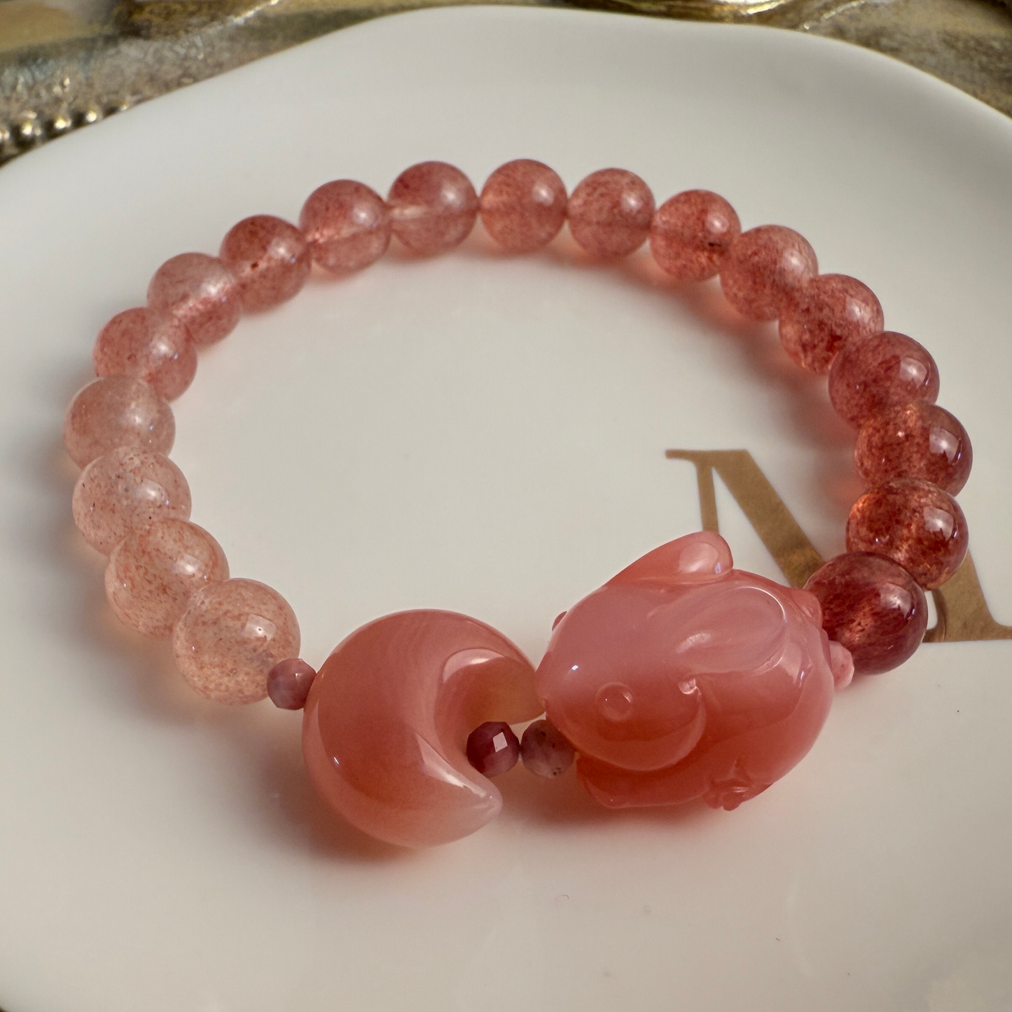 Bunny & moon + Strawberry quartz bracelet