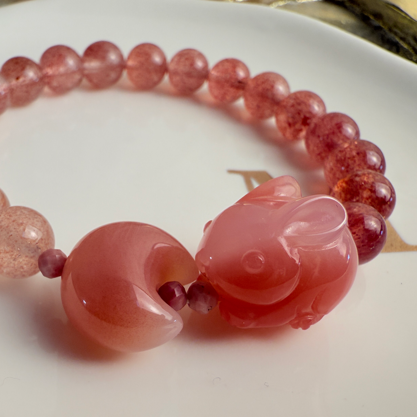 Bunny & moon + Strawberry quartz bracelet