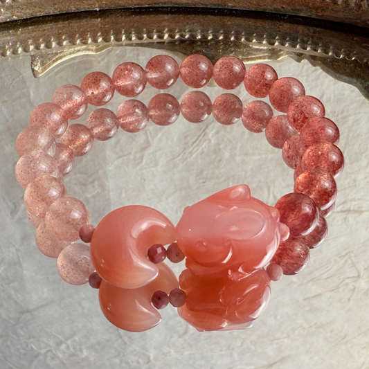 Bunny & moon + Strawberry quartz bracelet