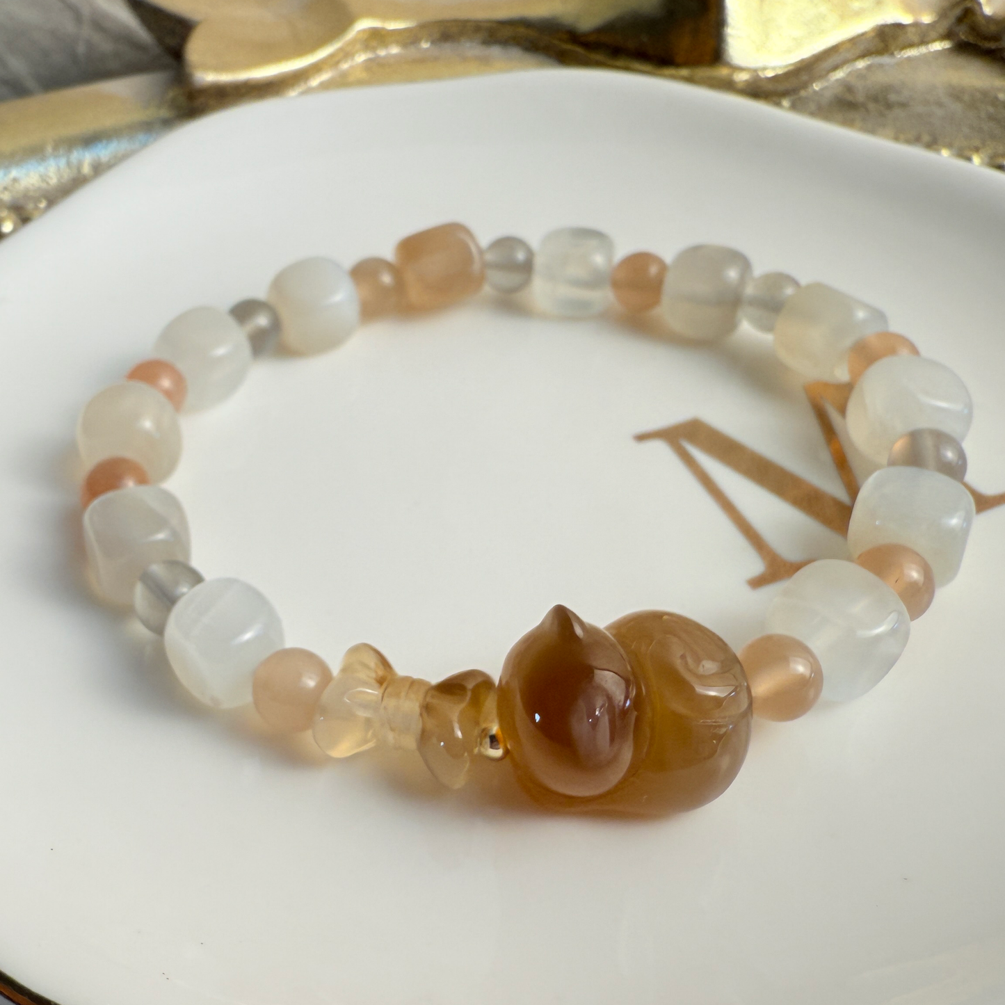 Kitty & bow + moonlight stone bracelet