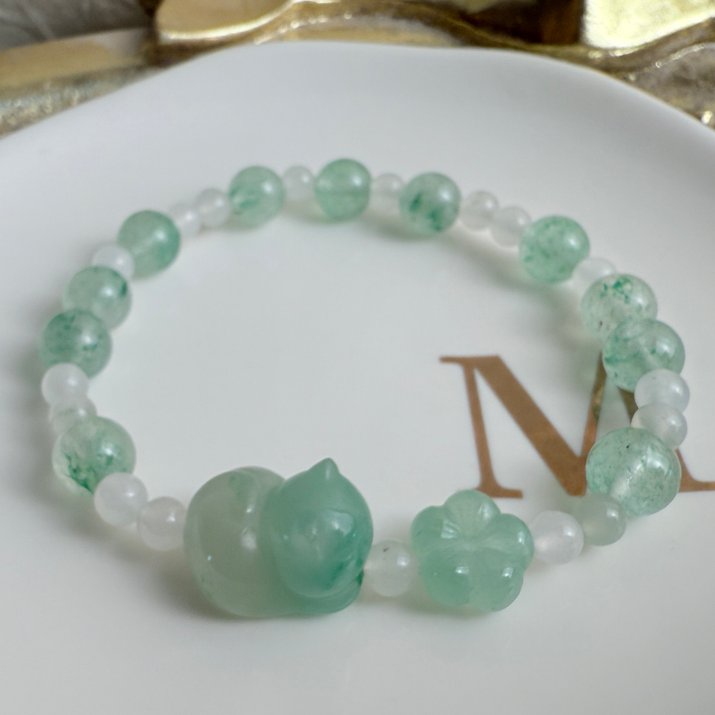 Kitty, flower & green strawberry quartz bracelet