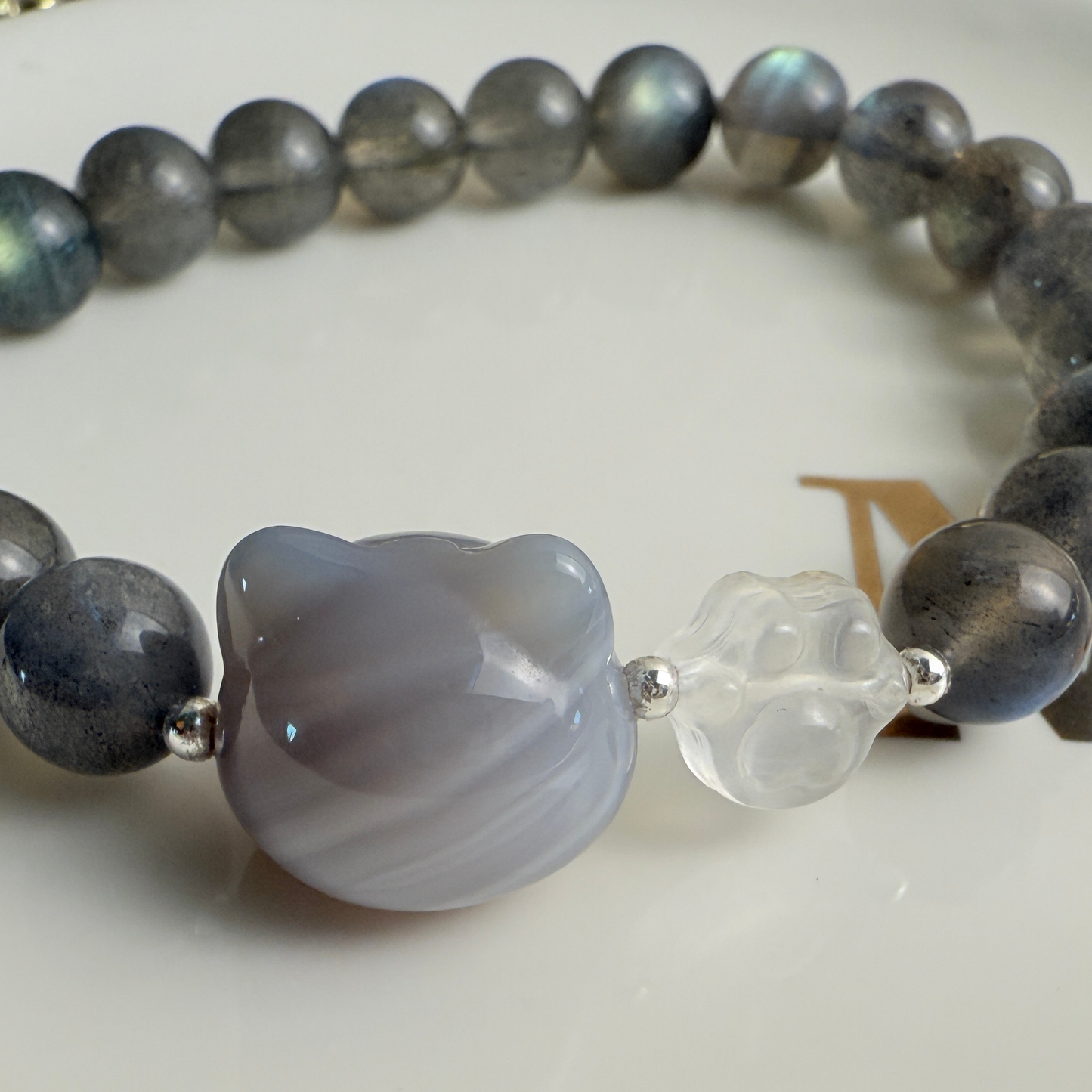 Kitty & paw print + grey moonlight stone bracelet